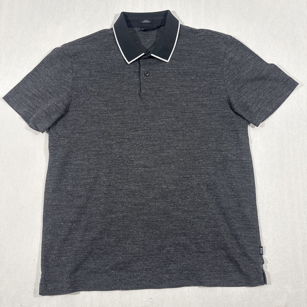 Hugo Boss Men’s Cotton Polo Shirt Charcoal Gray Slim Fit Short Sleeve Size Large